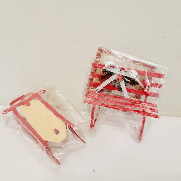 2 Vtg Just For Keeps Red Metal Mini Sleigh Sled Bench Doll House Furniture - Picture 1 of 7
